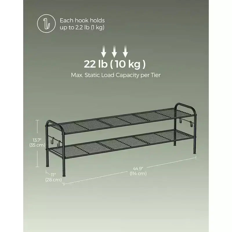 Shoe Rack, 2-Tier Shoe Organizer, Metal Shoe Shelf Storage with 4 Side Hooks, Holds 12 Pairs of Shoes, Height-Adjustable Shoe Rack, Ink Black